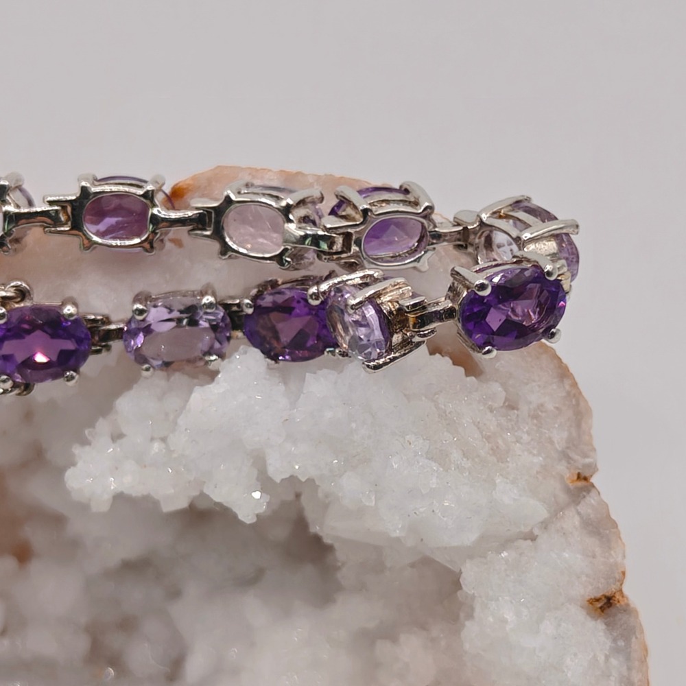 Signed CN 925 Sterling Silver Two Tone Amethyst Tennis Bracelet 7 Inch Purple - Picture 5 of 8